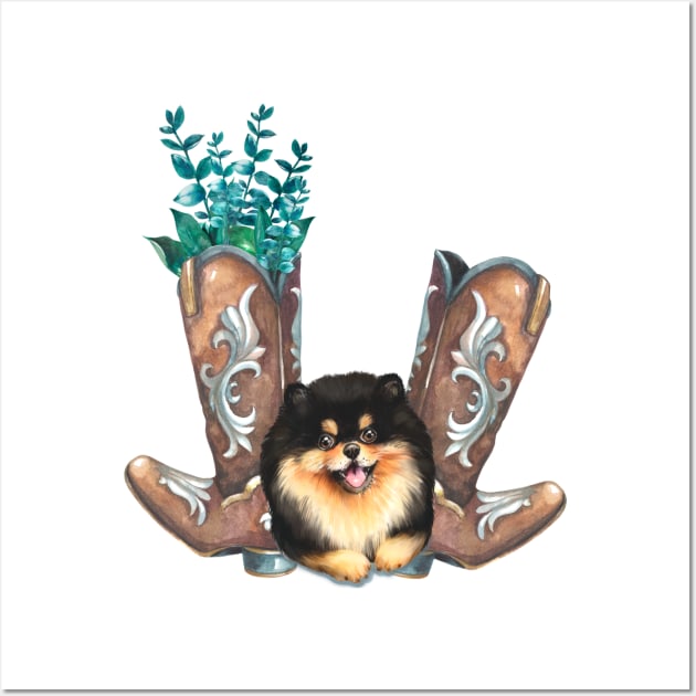 Cute Pomeranian Puppy and Cowboy boots Watercolor Art Wall Art by AdrianaHolmesArt